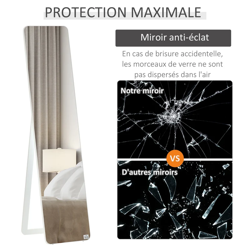 Miroir rectangulaire sur pied et mural 37 x 43 x 156 cm anti-éclat pour chambre moderne épuré fini mat en MDF blanc 21_0001476