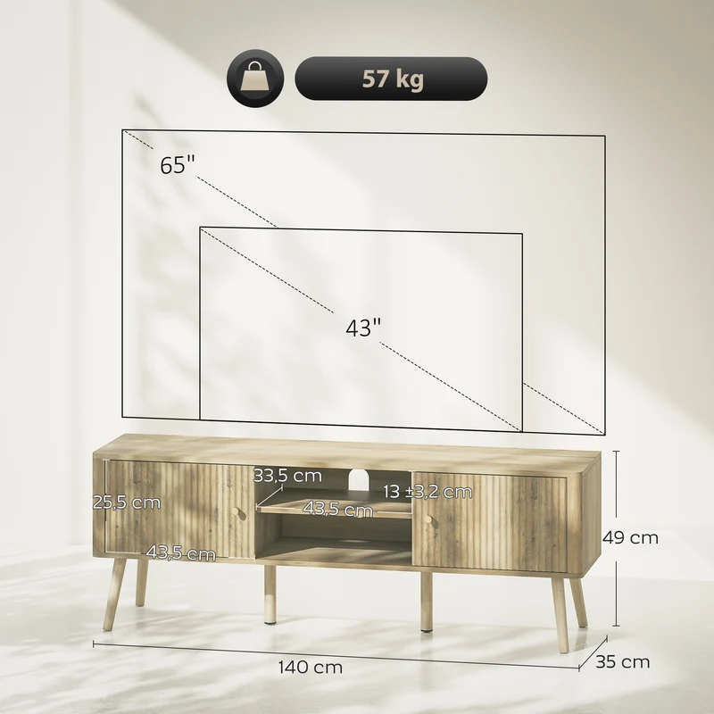 Meuble télé pour salon 140 x 35 x 49 cm rangement dissimulé et étagères réglables contemporain tendance en MDF chêne 21_0003569