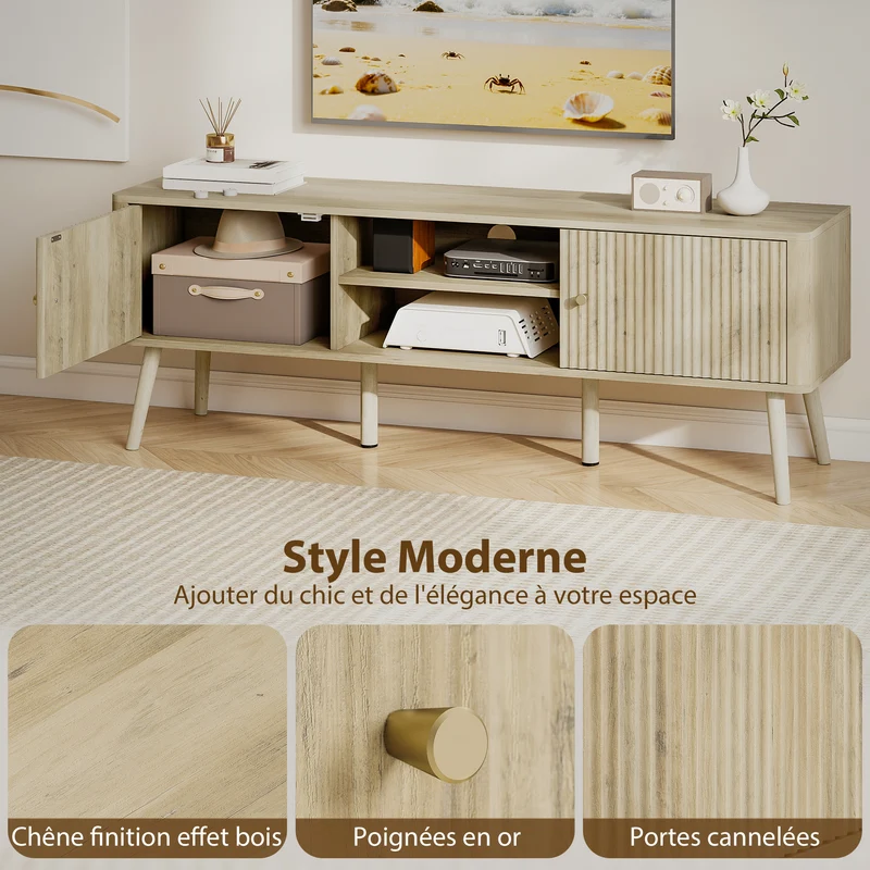 Meuble télé pour salon 140 x 35 x 49 cm rangement dissimulé et étagères réglables contemporain tendance en MDF chêne 21_0003569
