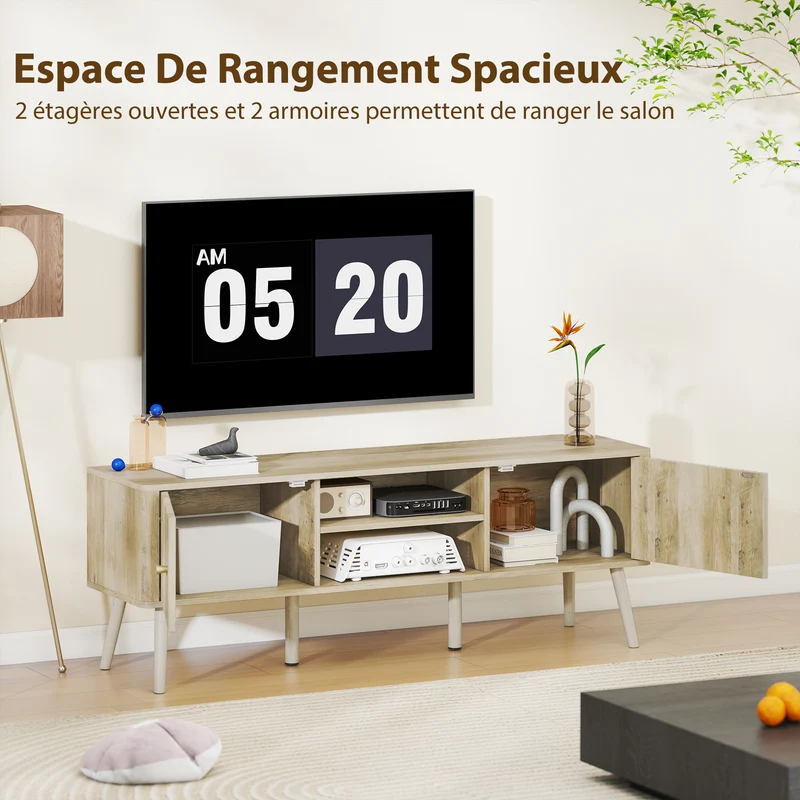 Meuble télé pour salon 140 x 35 x 49 cm rangement dissimulé et étagères réglables contemporain tendance en MDF chêne 21_0003569