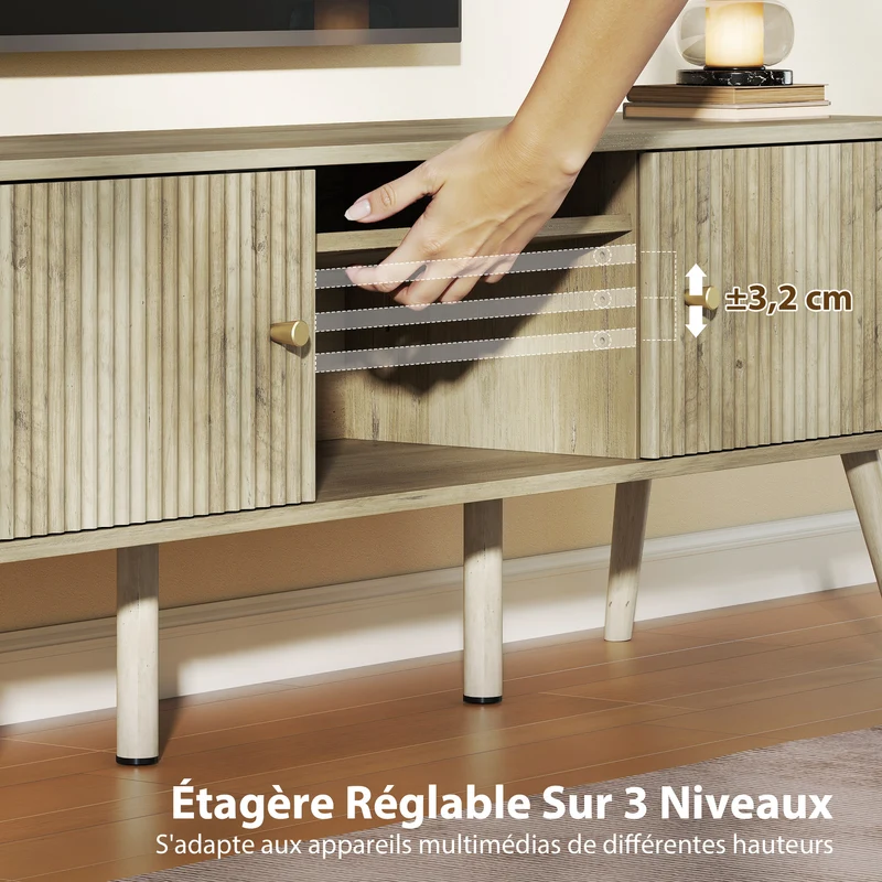 Meuble télé pour salon 140 x 35 x 49 cm rangement dissimulé et étagères réglables contemporain tendance en MDF chêne 21_0003569