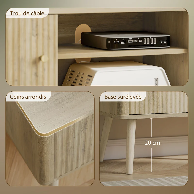 Meuble télé pour salon 140 x 35 x 49 cm rangement dissimulé et étagères réglables contemporain tendance en MDF chêne 21_0003569