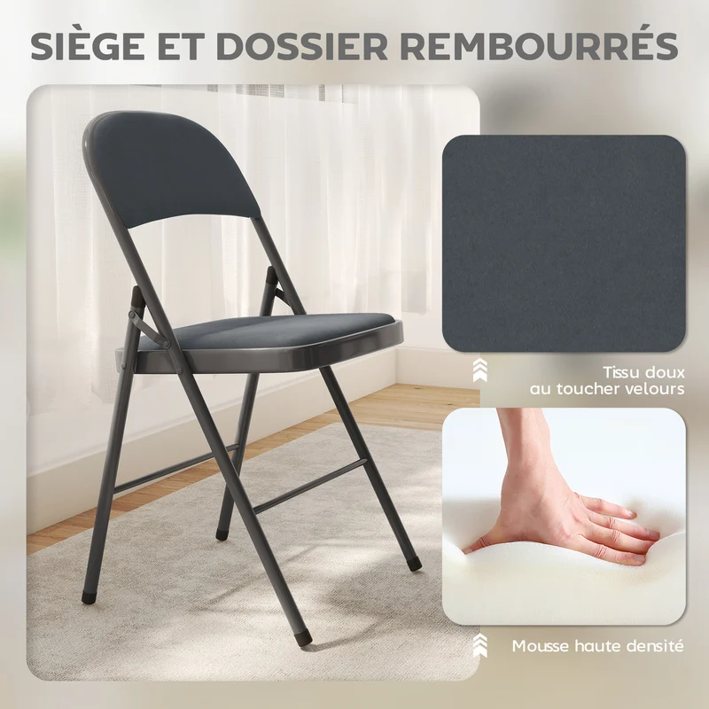Lot de 4 chaises pliantes intérieur 45 x 46 x 78 cm confort rembourré dossier incliné et design en velours gris foncé 21_0003300