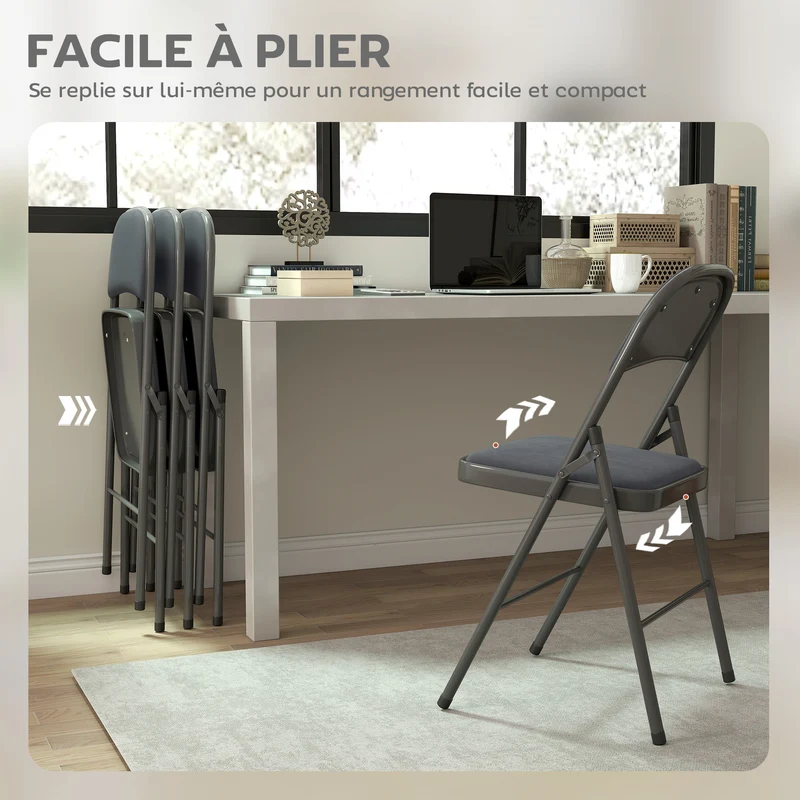 Lot de 4 chaises pliantes intérieur 45 x 46 x 78 cm confort rembourré dossier incliné et design en velours gris foncé 21_0003300