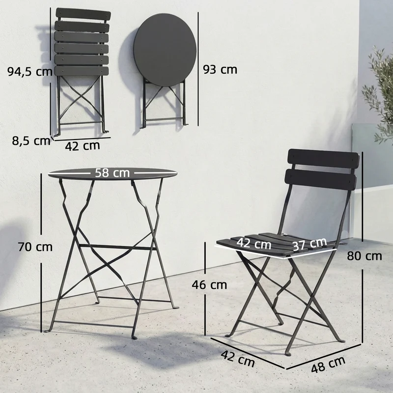 Lot de 3 ensemble bistrot pliant balcon terrasse 58 x 70 x 80 cm gain de place anti-rouille scandinave en métal noir 21_0005753