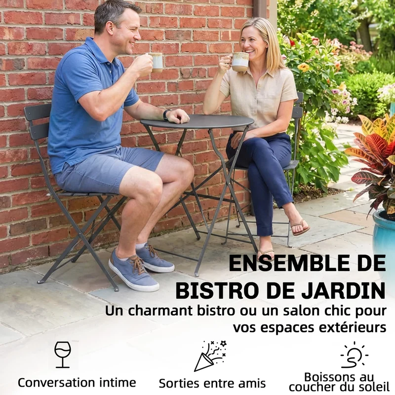 Lot de 3 ensemble bistrot pliant balcon terrasse 58 x 70 x 80 cm gain de place anti-rouille scandinave en métal noir 21_0005753