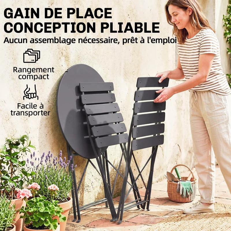 Lot de 3 ensemble bistrot pliant balcon terrasse 58 x 70 x 80 cm gain de place anti-rouille scandinave en métal noir 21_0005753
