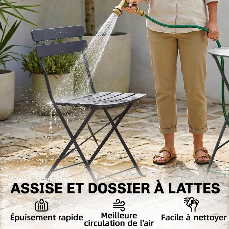 Lot de 3 ensemble bistrot pliant balcon terrasse 58 x 70 x 80 cm gain de place anti-rouille scandinave en métal noir 21_0005753
