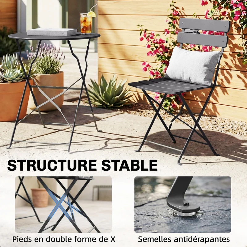 Lot de 3 ensemble bistrot pliant balcon terrasse 58 x 70 x 80 cm gain de place anti-rouille scandinave en métal noir 21_0005753