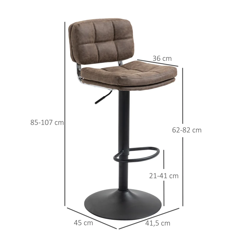 Lot de 2 tabourets de bar capitonnés réglables 41.5 x 45 x 85-107 cm assise moelleuse rétro industriel îlot en PU marron 21_0002243