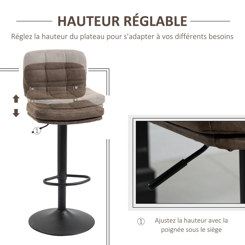 Lot de 2 tabourets de bar capitonnés réglables 41.5 x 45 x 85-107 cm assise moelleuse rétro industriel îlot en PU marron 21_0002243