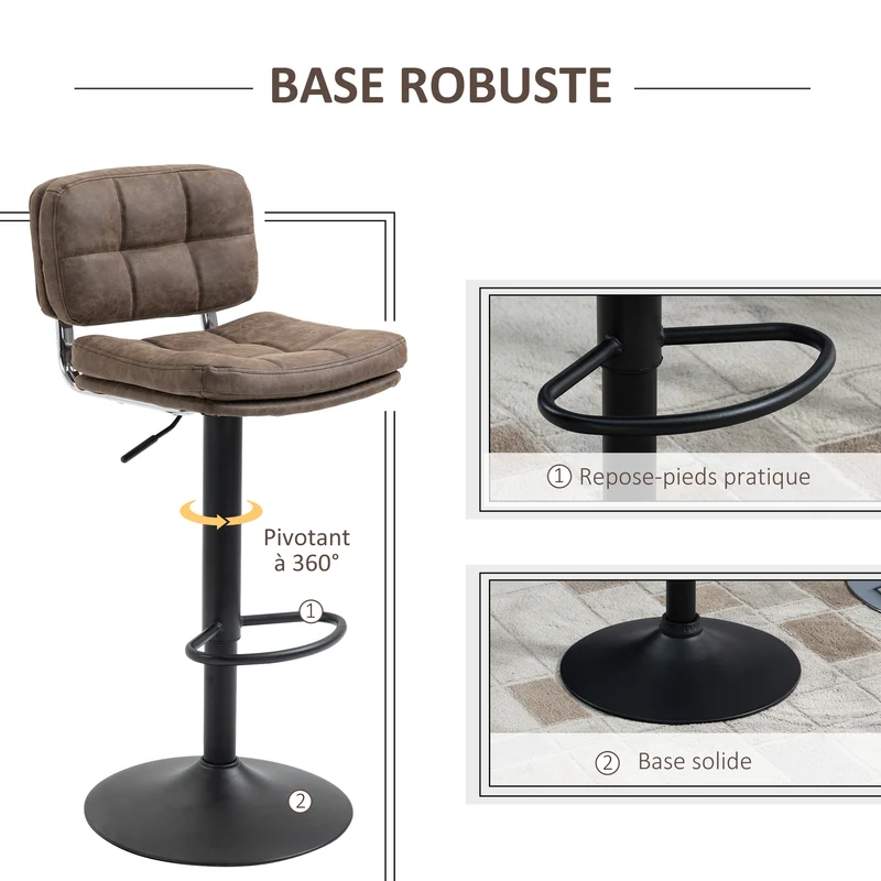 Lot de 2 tabourets de bar capitonnés réglables 41.5 x 45 x 85-107 cm assise moelleuse rétro industriel îlot en PU marron 21_0002243