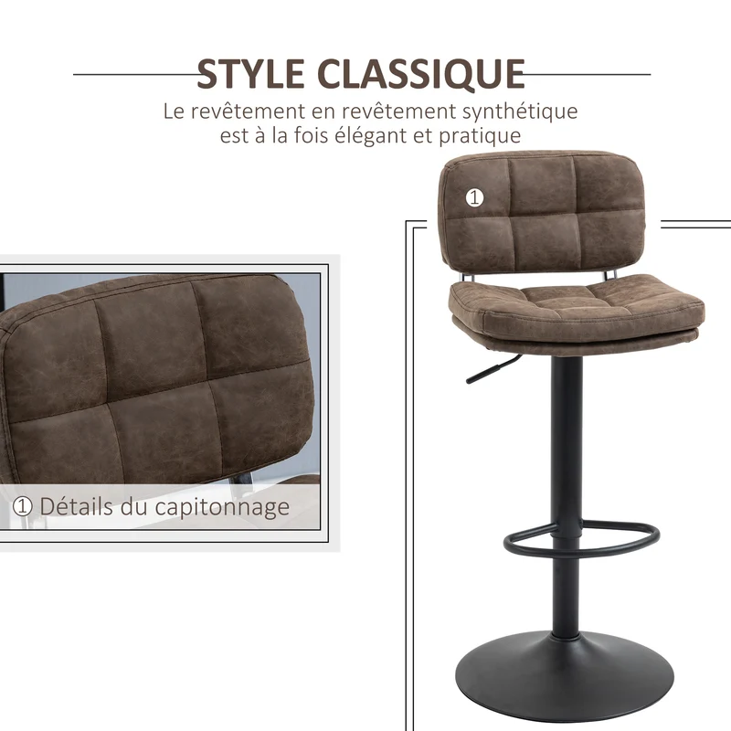 Lot de 2 tabourets de bar capitonnés réglables 41.5 x 45 x 85-107 cm assise moelleuse rétro industriel îlot en PU marron 21_0002243