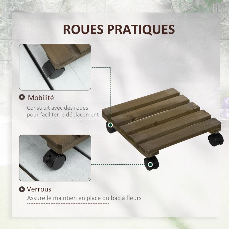 Lot de 2 supports pour plantes à roulettes 30 x 30 x 7 cm mobilité facile avec freins scandinave épuré en bois marron 21_0004260