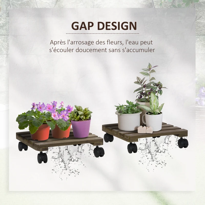 Lot de 2 supports pour plantes à roulettes 30 x 30 x 7 cm mobilité facile avec freins scandinave épuré en bois marron 21_0004260