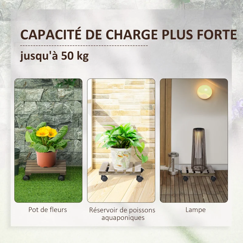 Lot de 2 supports pour plantes à roulettes 30 x 30 x 7 cm mobilité facile avec freins scandinave épuré en bois marron 21_0004260