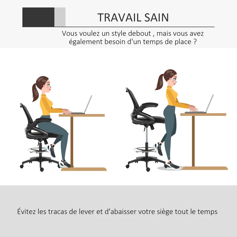 Lot de 2 fauteuils de bureau assise haute réglable 64 x 60 x 106-126 cm ergonomique design contemporain en maille noir 21_0006343