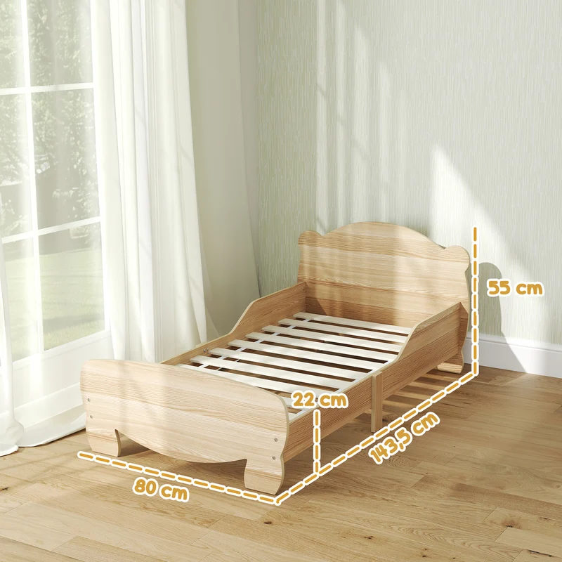 Lit enfant bas avec barrières tête ourson 143,5 x 80 x 55 cm accès facile confort sécurisant moderne en MDF bois naturel 21_0000253