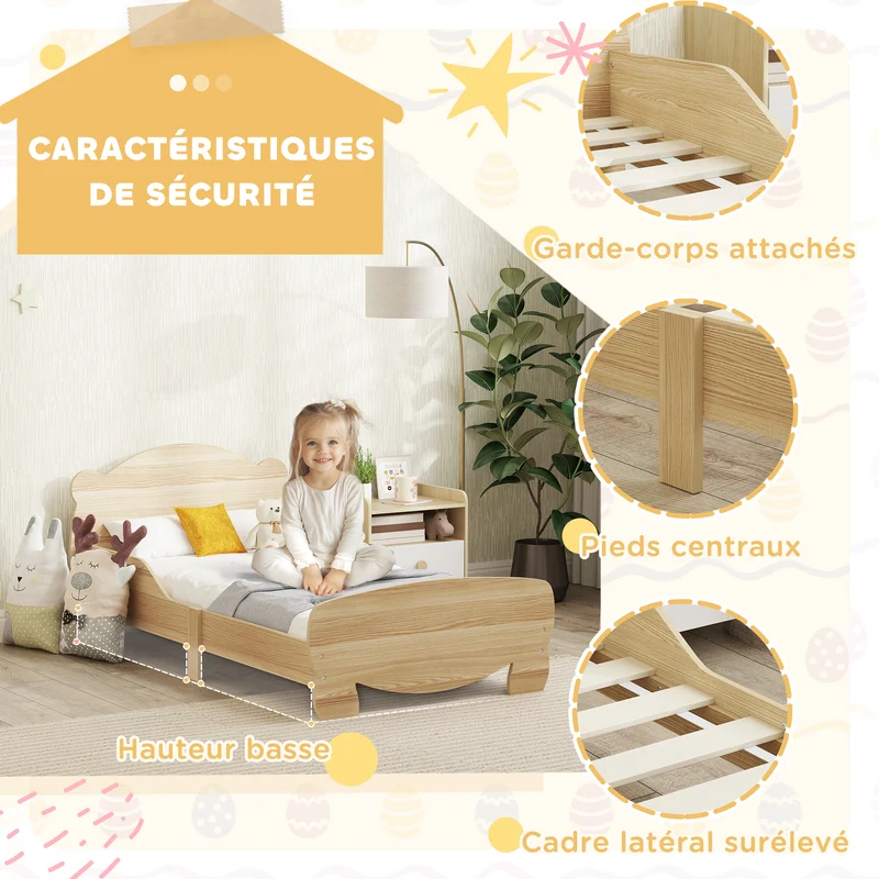 Lit enfant bas avec barrières tête ourson 143,5 x 80 x 55 cm accès facile confort sécurisant moderne en MDF bois naturel 21_0000253