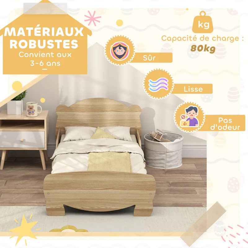 Lit enfant bas avec barrières tête ourson 143,5 x 80 x 55 cm accès facile confort sécurisant moderne en MDF bois naturel 21_0000253