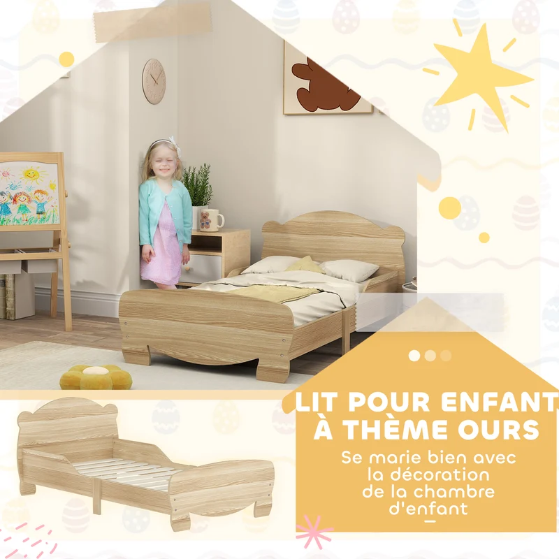 Lit enfant bas avec barrières tête ourson 143,5 x 80 x 55 cm accès facile confort sécurisant moderne en MDF bois naturel 21_0000253