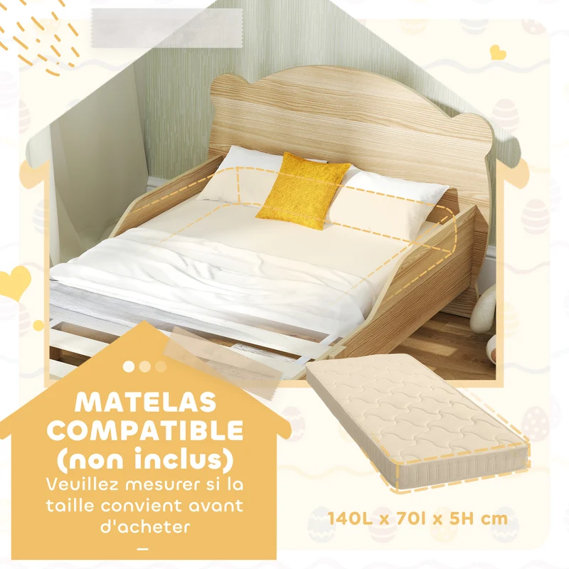Lit enfant bas avec barrières tête ourson 143,5 x 80 x 55 cm accès facile confort sécurisant moderne en MDF bois naturel 21_0000253