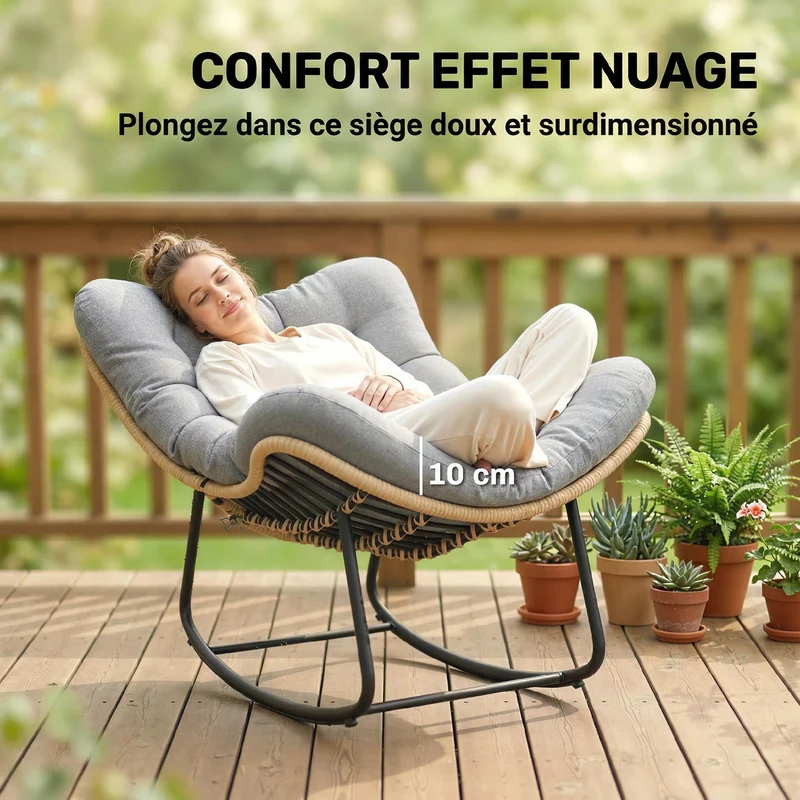 Fauteuil à bascule jardin et salon 87 x 110 x 70 cm assise spacieuse coussin moelleux scandinave en résine tressée gris 21_0006090