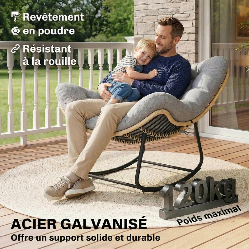 Fauteuil à bascule jardin et salon 87 x 110 x 70 cm assise spacieuse coussin moelleux scandinave en résine tressée gris 21_0006090