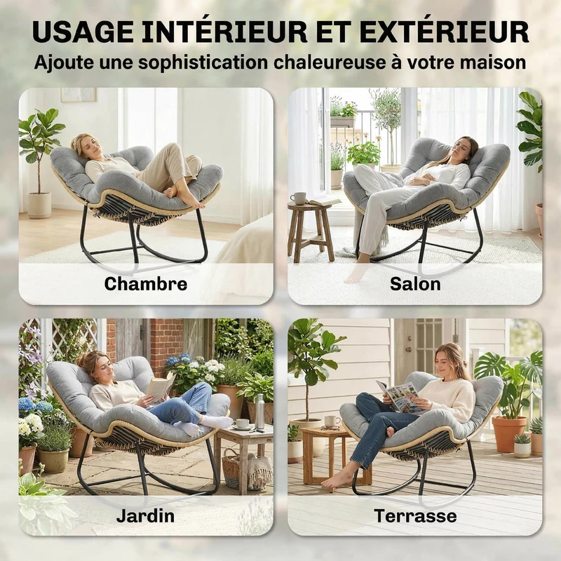Fauteuil à bascule jardin et salon 87 x 110 x 70 cm assise spacieuse coussin moelleux scandinave en résine tressée gris 21_0006090