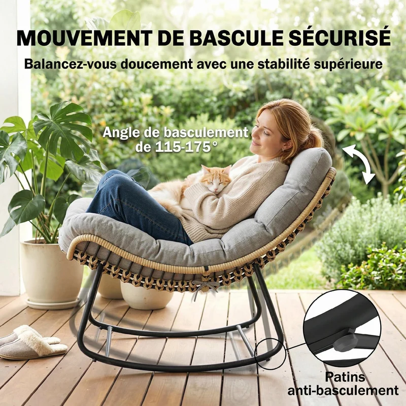 Fauteuil à bascule jardin et salon 87 x 110 x 70 cm assise spacieuse coussin moelleux scandinave en résine tressée gris 21_0006090