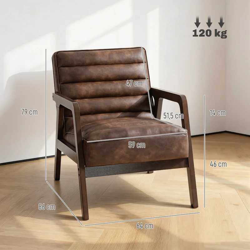 Fauteuil de salon d'appoint rembourré assise 18cm 64 x 86 x 79 cm confort ergonomique coussin épais vintage en PU marron 21_0003634