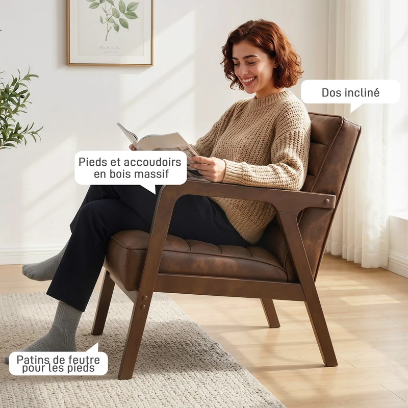 Fauteuil de salon d'appoint rembourré assise 18cm 64 x 86 x 79 cm confort ergonomique coussin épais vintage en PU marron 21_0003634
