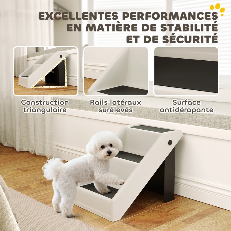 Escalier pour chien pliant 3 marches aide animaux 53 x 30,5 x 36,5 cm antidérapant pliable moderne épuré en PP crème 21_0007488