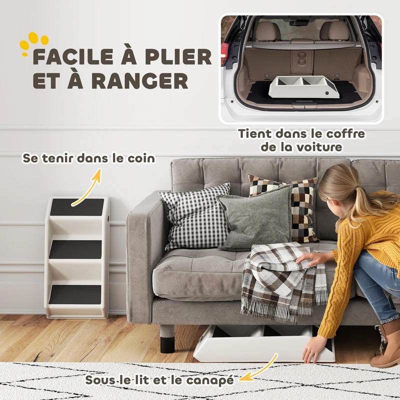 Escalier pour chien pliant 3 marches aide animaux 53 x 30,5 x 36,5 cm antidérapant pliable moderne épuré en PP crème 21_0007488