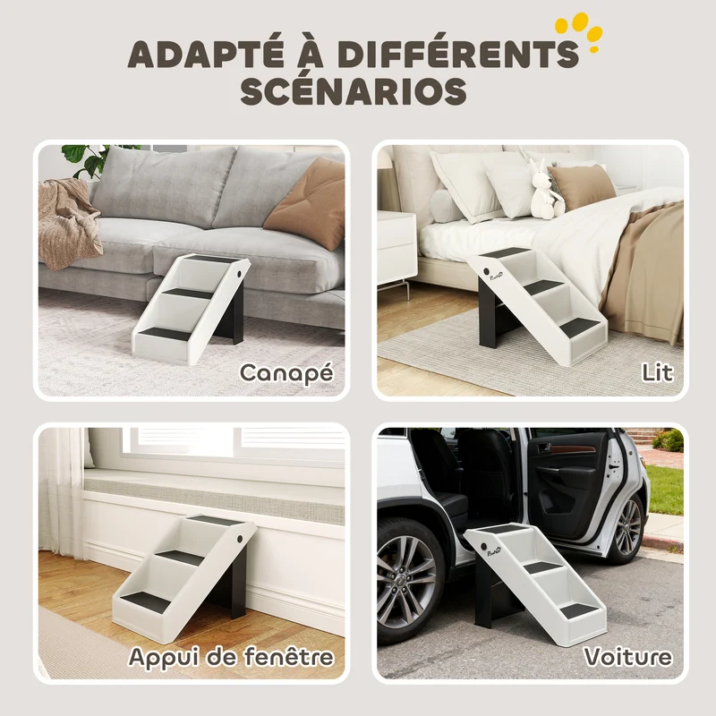 Escalier pour chien pliant 3 marches aide animaux 53 x 30,5 x 36,5 cm antidérapant pliable moderne épuré en PP crème 21_0007488