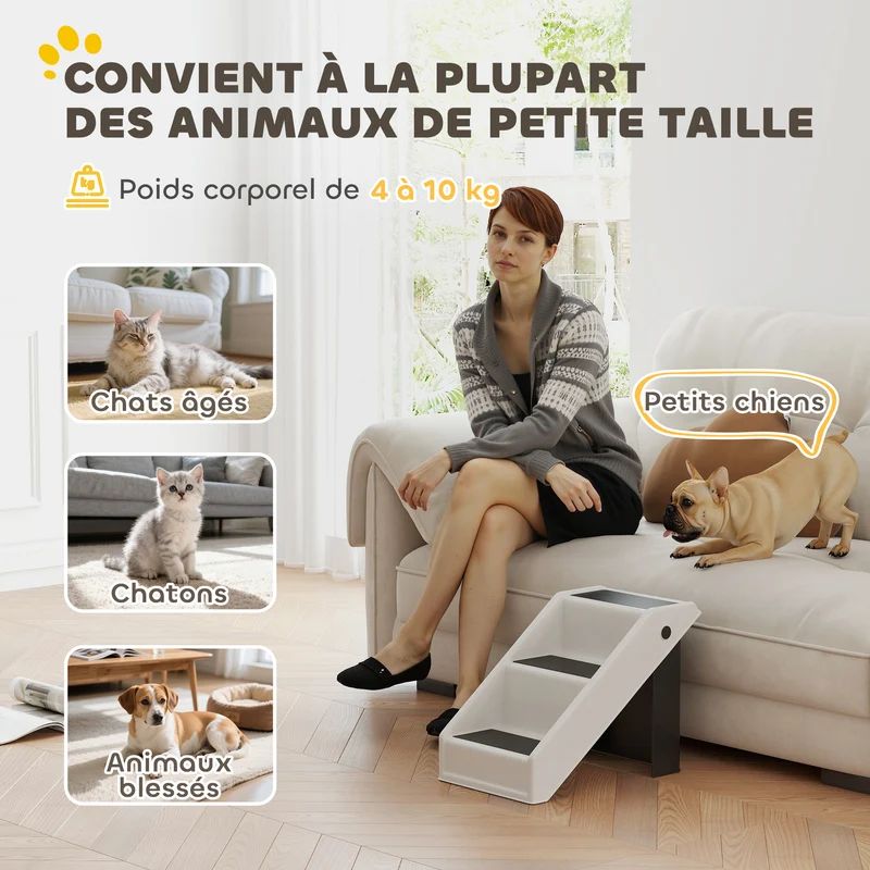 Escalier pour chien pliant 3 marches aide animaux 53 x 30,5 x 36,5 cm antidérapant pliable moderne épuré en PP crème 21_0007488