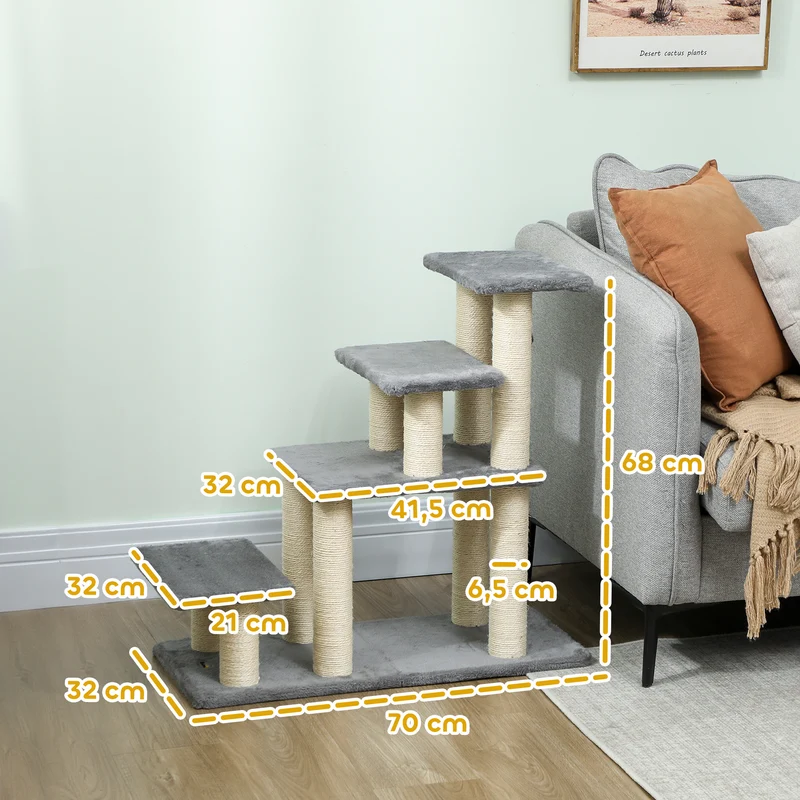Escalier pour animaux réglable 3-4 marches 70 x 32 x 68 cm rembourrées protège articulations moderne en polyester gris 21_0007489