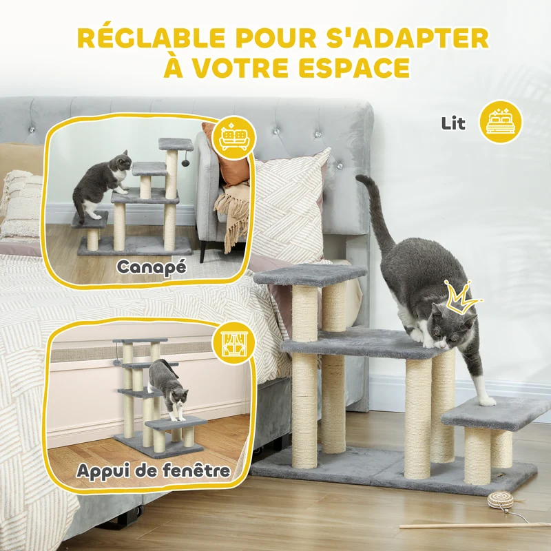 Escalier pour animaux réglable 3-4 marches 70 x 32 x 68 cm rembourrées protège articulations moderne en polyester gris 21_0007489