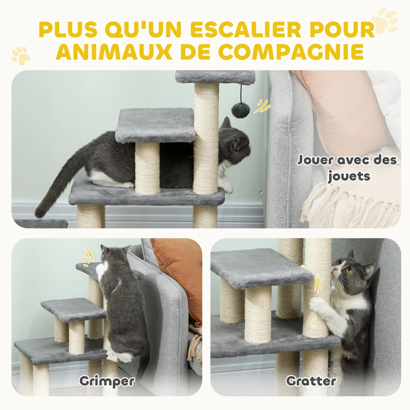 Escalier pour animaux réglable 3-4 marches 70 x 32 x 68 cm rembourrées protège articulations moderne en polyester gris 21_0007489