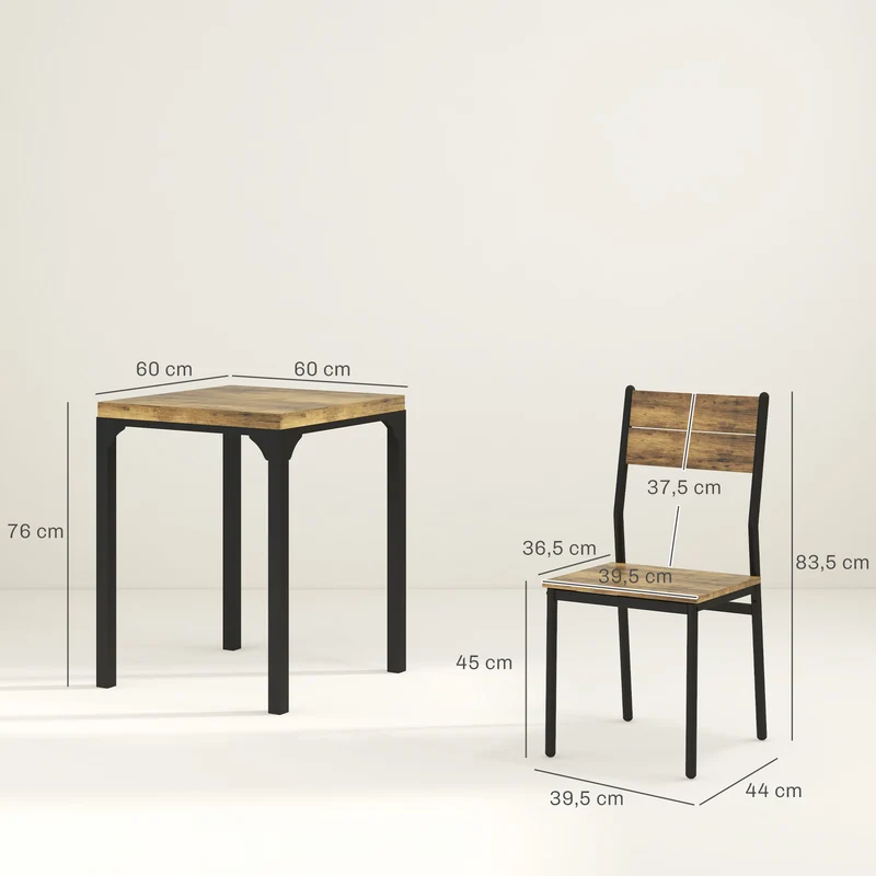 Ensemble table à manger 2 chaises 60 x 60 x 76 cm assise ergonomique gain de place style industriel en MDF brun rustique 21_0002170