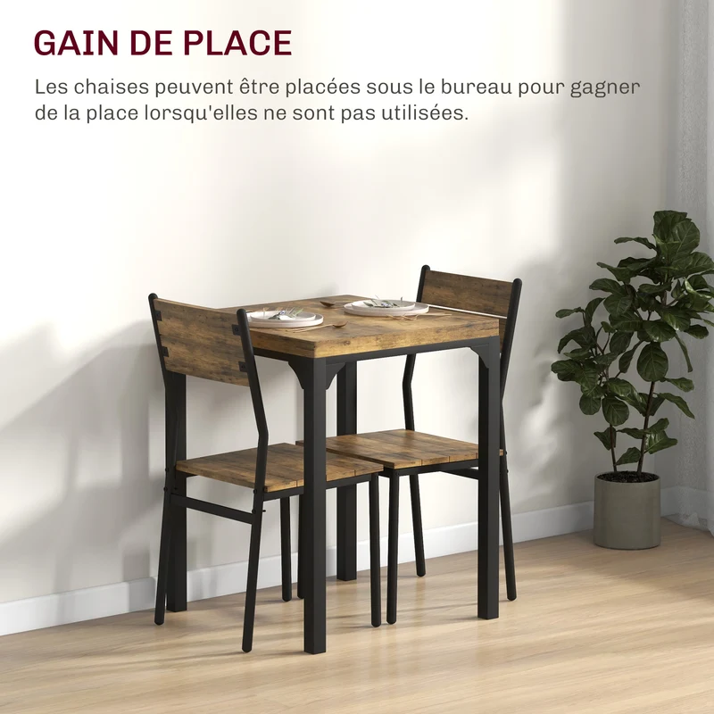 Ensemble table à manger 2 chaises 60 x 60 x 76 cm assise ergonomique gain de place style industriel en MDF brun rustique 21_0002170