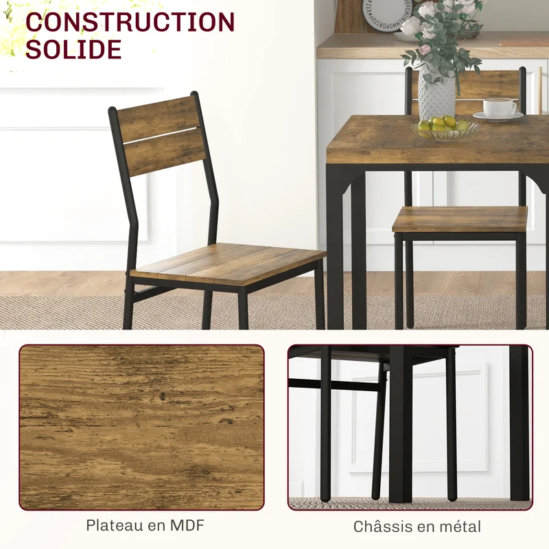 Ensemble table à manger 2 chaises 60 x 60 x 76 cm assise ergonomique gain de place style industriel en MDF brun rustique 21_0002170