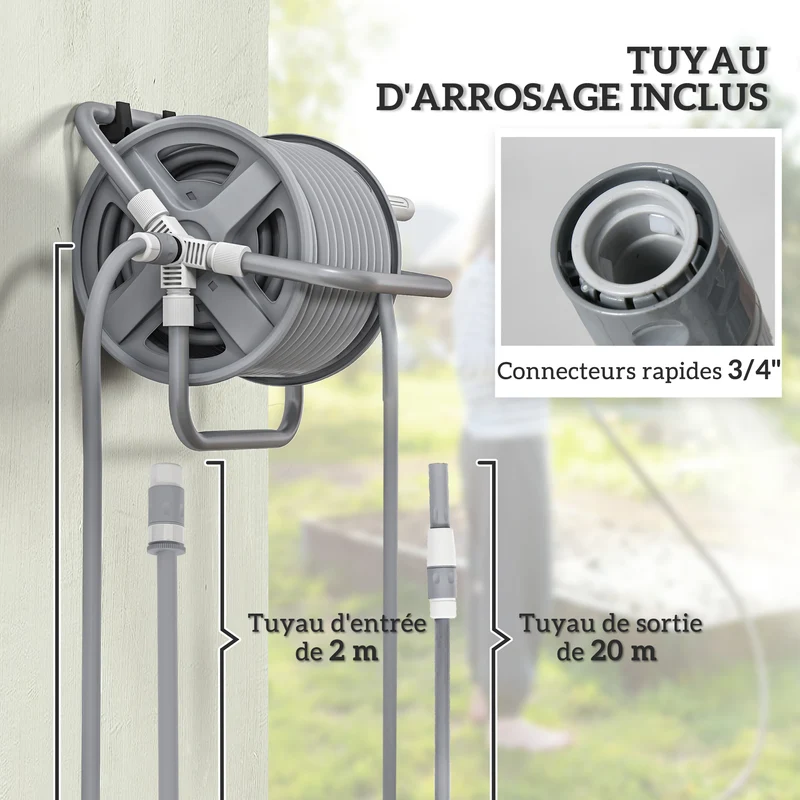 Enrouleur de tuyau de jardin mural ou au sol 44 x 26 x 33 cm tuyau 20 m manivelle antitorsion moderne en métal gris 21_0005472