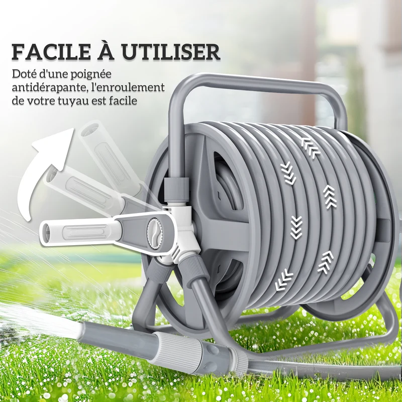 Enrouleur de tuyau de jardin mural ou au sol 44 x 26 x 33 cm tuyau 20 m manivelle antitorsion moderne en métal gris 21_0005472