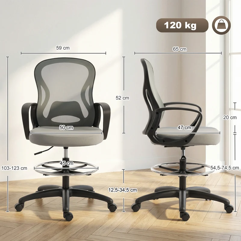 Chaise de bureau ergonomique 59 x 65 x 103-123 cm repose-pieds réglable soutien lombaire moderne design en maille gris 21_0006236