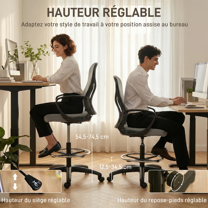 Chaise de bureau ergonomique 59 x 65 x 103-123 cm repose-pieds réglable soutien lombaire moderne design en maille gris 21_0006236