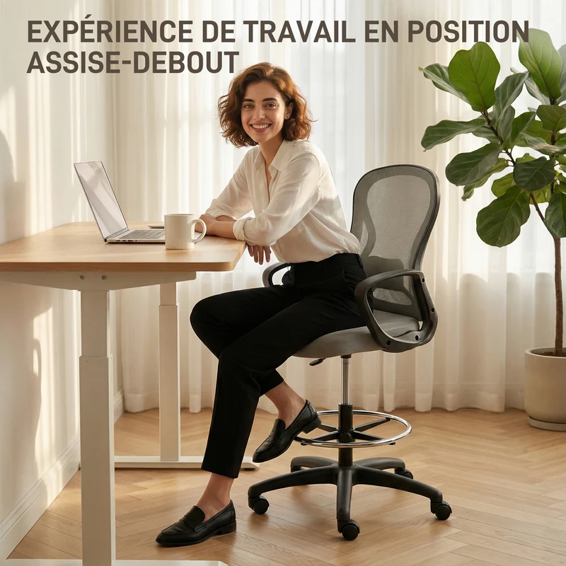 Chaise de bureau ergonomique 59 x 65 x 103-123 cm repose-pieds réglable soutien lombaire moderne design en maille gris 21_0006236