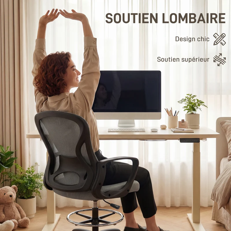 Chaise de bureau ergonomique 59 x 65 x 103-123 cm repose-pieds réglable soutien lombaire moderne design en maille gris 21_0006236