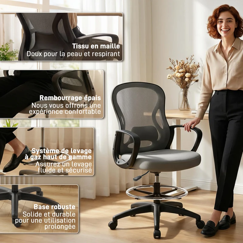 Chaise de bureau ergonomique 59 x 65 x 103-123 cm repose-pieds réglable soutien lombaire moderne design en maille gris 21_0006236
