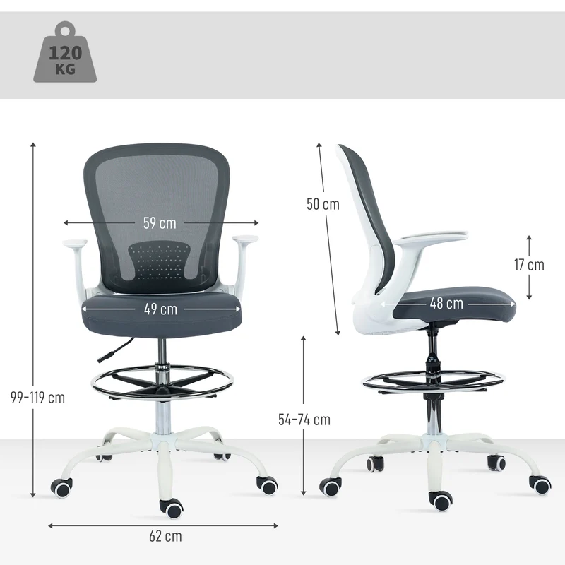 Chaise de bureau ergonomique 59 x 62 x 99-119 cm repose-pieds réglable soutien lombaire contemporain en maille gris 21_0006295